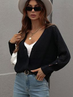 Oh Rare - Black Single-Breasted Solid Knitted Women's Knitted Cardigan