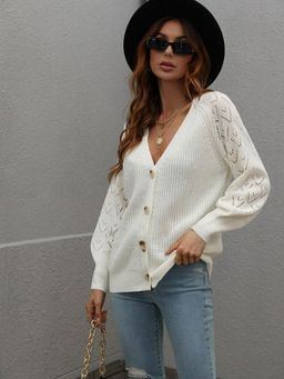 Oh Rare - White Single-Breasted Solid Knitted Women's Knitted Cardigan