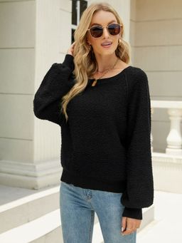 Oh Rare - Black Long-Sleeved Round Neck Knitted Pullover Sweater for Women