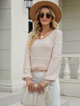Oh Rare - Pink Long-Sleeved Round Neck Knitted Solid Sweater for Women