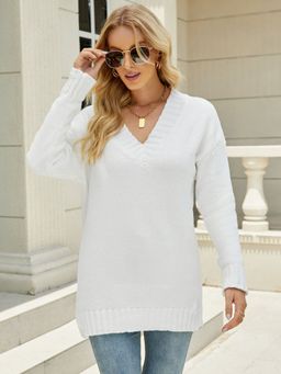 Oh Rare - White Long-Sleeved V-Neck Knitted Pullover Sweater for Women