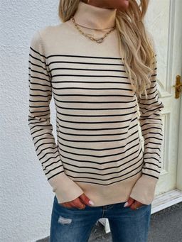 Oh Rare - Beige Turtleneck Striped Pullover Knitted Sweater Women
