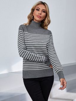 Oh Rare - Grey Turtleneck Striped Pullover Knitted Sweater Women