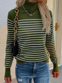 Oh Rare - Olive Turtleneck Striped Pullover Knitted Sweater Women