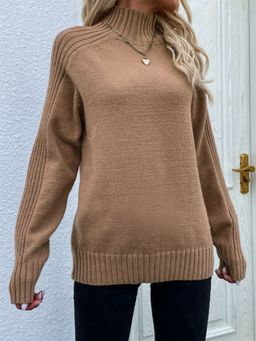 Oh Rare - Brown Solid Turtleneck Pullover Sweater