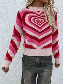 Oh Rare - Pink Knitted Printed Round Neck Women's Knitted Pullover Sweater