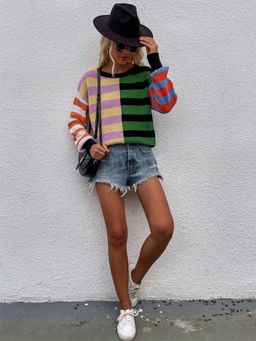 Oh Rare - Black Striped Women's Round Neck Pullover Patchwork Sweater for Women