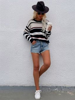 Oh Rare - Black Round Neck Striped Pullover Sweater for Women