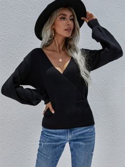 Oh Rare - Black V-Neck Solid Women's Loose Sweater for Women