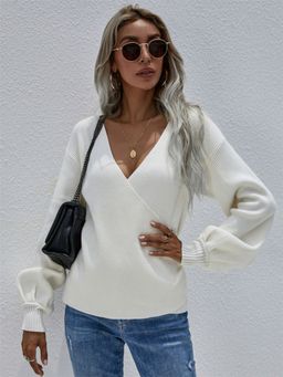 Oh Rare - White V-Neck Solid Women's Loose Sweater for Women
