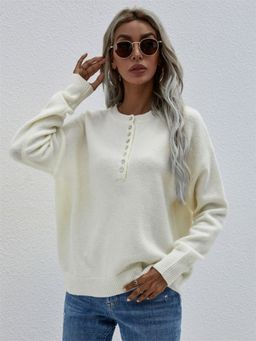 Oh Rare - White Solid Color Thin Single-Breasted Pullover Sweater for Women