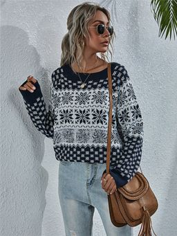 Oh Rare - Navy Blue Knitted Long Sleeve Round Neck Sweater for Women