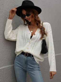 Oh Rare - White Women's Clothing Twist Rope Knitted Cardigan