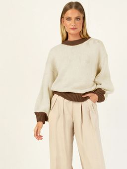 Oh Rare - Beige Knitted Loose Women's Spliced Sweater