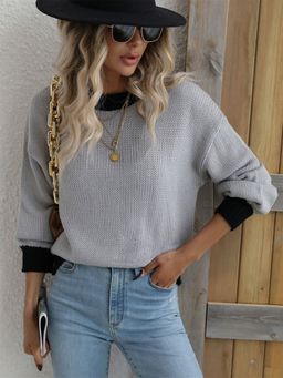 Oh Rare - Grey Knitted Loose Women's Spliced Sweater