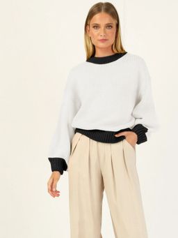 Oh Rare - White Knitted Loose Women's Spliced Sweater