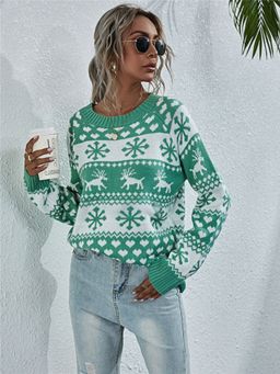 Oh Rare - Green Knitted Round Neck Snowflake Pullover Women's Sweater