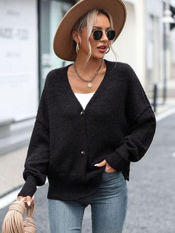 Oh Rare - Black V-Neck Button Solid Color Knitted Cardigan for Women