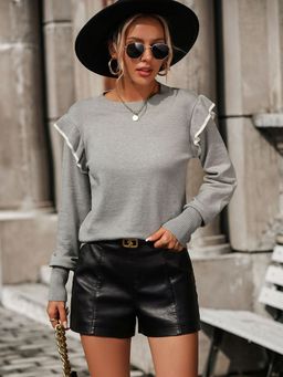 Oh Rare - Grey Ruffled Sweater Solid Round Neck Sweater for Women