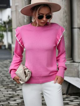 Oh Rare - Pink Ruffled Sweater Solid Round Neck Sweater for Women
