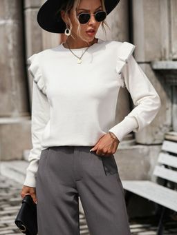 Oh Rare - White Ruffled Sweater Solid Round Neck Sweater for Women