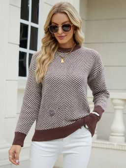Oh Rare - Brown Printed Long-Sleeved Round Neck Knitted Splicing Sweater for Women