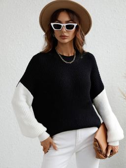 Oh Rare - Black Round Neck Sweater Long-Sleeved Colorblock Sweater for Women