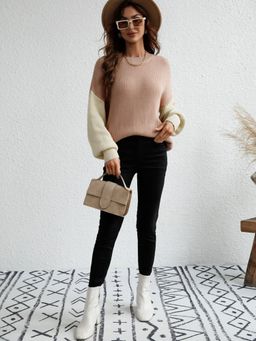 Oh Rare - Khaki Round Neck Sweater Long-Sleeved Colorblock Sweater for Women