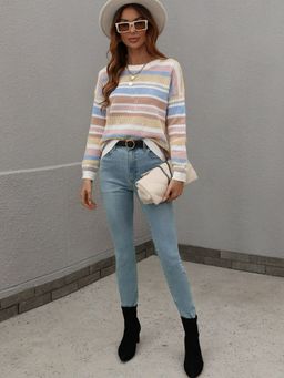 Oh Rare - White Round Neck Pullover Striped Sweater for Women