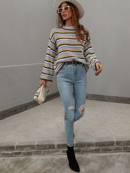 Oh Rare - Blue Spliced Loose Intercolor Round Neck Striped Sweater