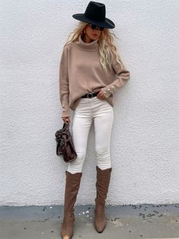 Oh Rare - Beige Button Solid Color Turtleneck Women's Sweater