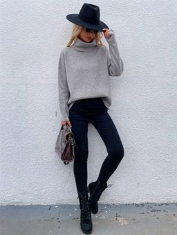 Oh Rare - Grey Button Solid Color Turtleneck Women's Sweater