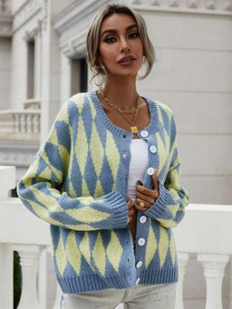 Oh Rare - Blue Women's Single-Breasted Printed Round Neck Knitted Cardigan