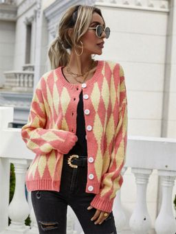 Oh Rare - Peach Women's Single-Breasted Printed Round Neck Knitted Cardigan