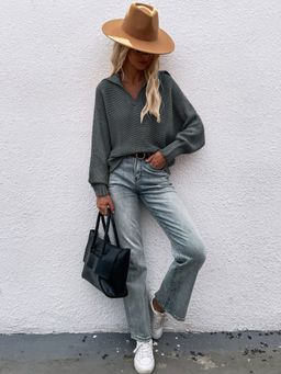 Oh Rare - Charcoal Pullover Long-Sleeved Knitted V-Neck Sweater for Women