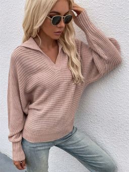 Oh Rare - Pink Pullover Long-Sleeved Knitted V-Neck Sweater for Women
