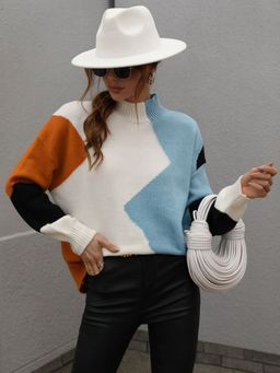 Oh Rare - Blue Color-Blocked Turtle Neck Pullover Sweater for Women