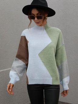 Oh Rare - Green Color-Blocked Turtle Neck Pullover Sweater for Women