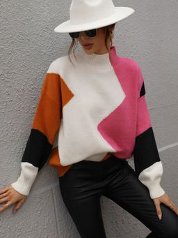 Oh Rare - Pink Color-Blocked Turtle Neck Pullover Sweater for Women