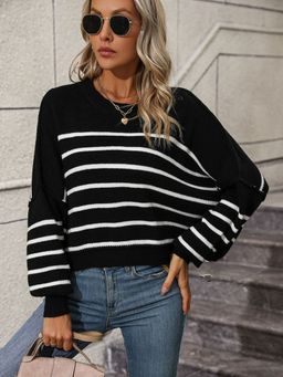 Oh Rare - Black Round Neck Women's Striped Sweater for Women