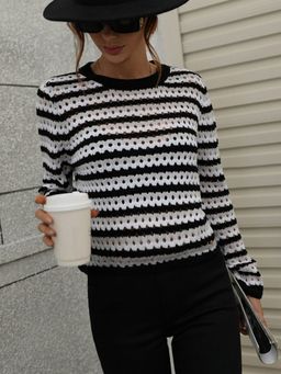 Oh Rare - Black Round Neck Striped Pullover Intercolor Sweater