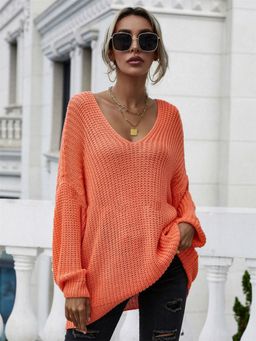 Oh Rare - Orange Solid Color Pullover V-Neck Sweater for Women