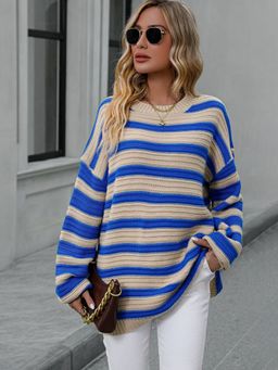 Oh Rare - Beige Striped Women's Knitted Round Neck Sweater for Women