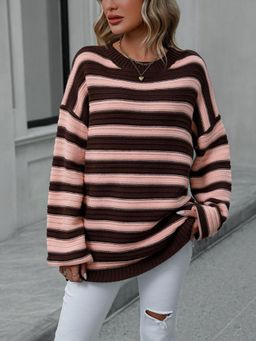 Oh Rare - Brown Striped Women's Knitted Round Neck Sweater for Women