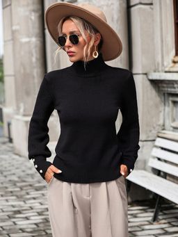 Oh Rare - Black Solid Women's High Collar Beading Versatile Sweater