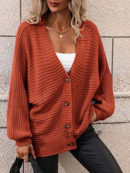 Oh Rare - Rust Solid Knitted Loose Women Cardigan