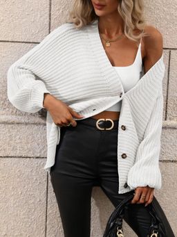 Oh Rare - White Solid Knitted Loose Women Cardigan