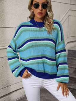 Oh Rare - Blue Spliced Loose Intercolor Round Neck Striped Sweater for Women