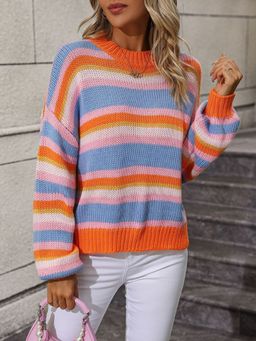 Oh Rare - Orange Spliced Loose Intercolor Round Neck Striped Sweater for Women