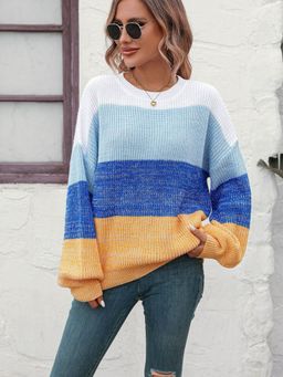 Oh Rare - Blue Color-Blocked Round Neck Sweater for Women